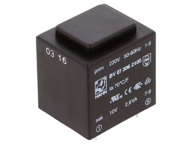 Transformator: ingegoten; 2,6VA; 230VAC; 10V; 260mA; PCB; BVEI Transformator: ingegoten; 2,6VA; 230VAC; 10V; 260mA; PCB; BVEI